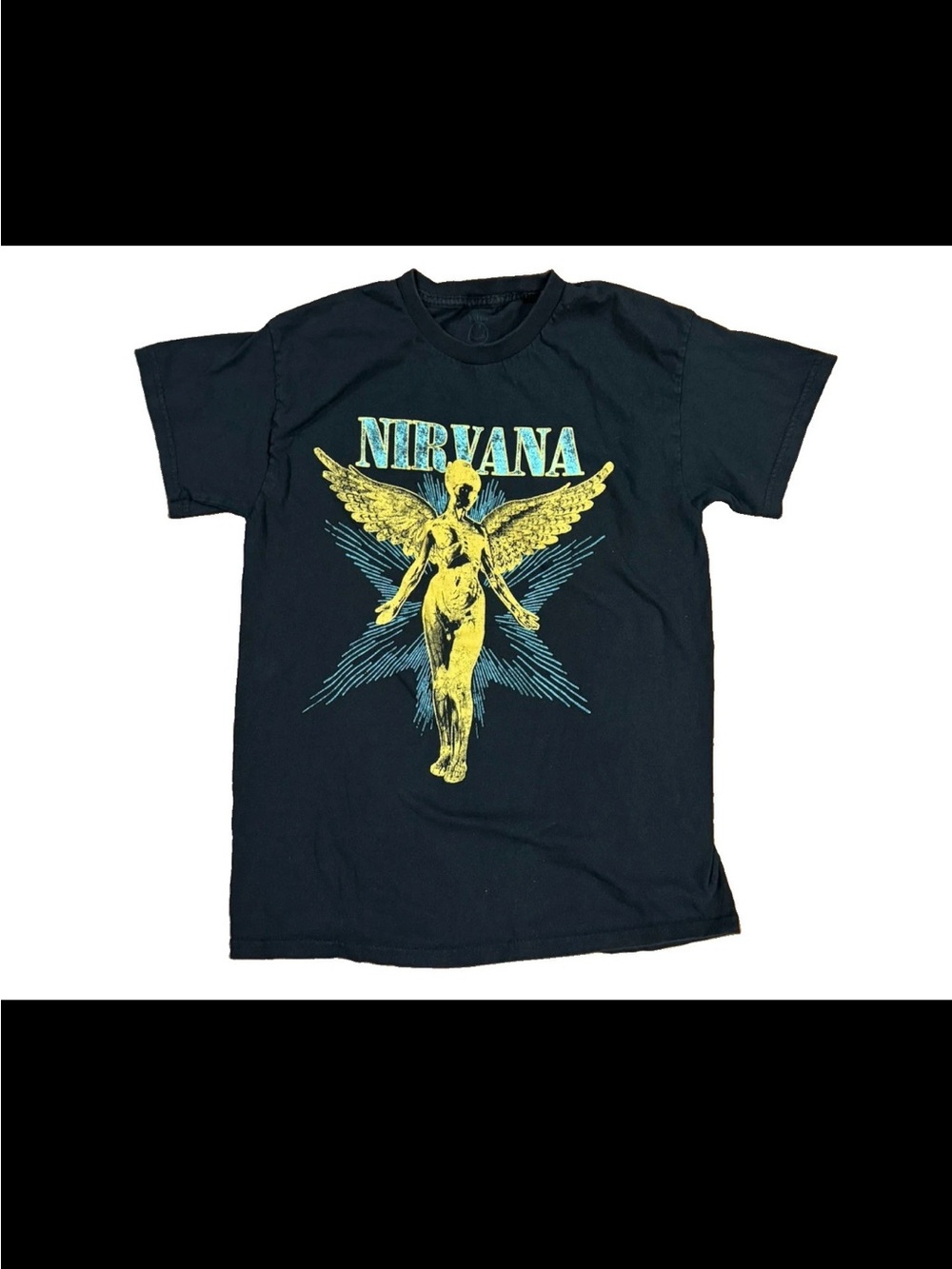 NIRVANA Black Tee with Yellow & Blue Angel Graphic
